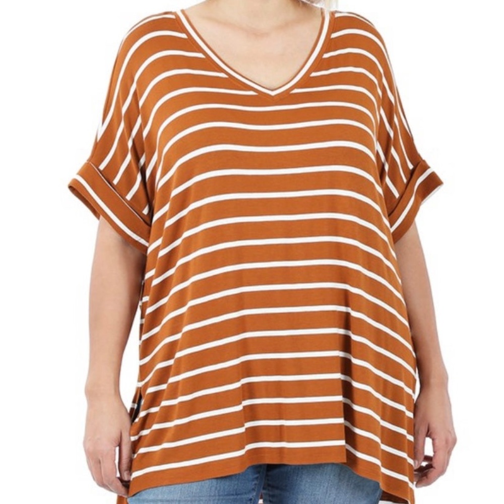 Burnt Orange and White Striped Short Sleeve Top